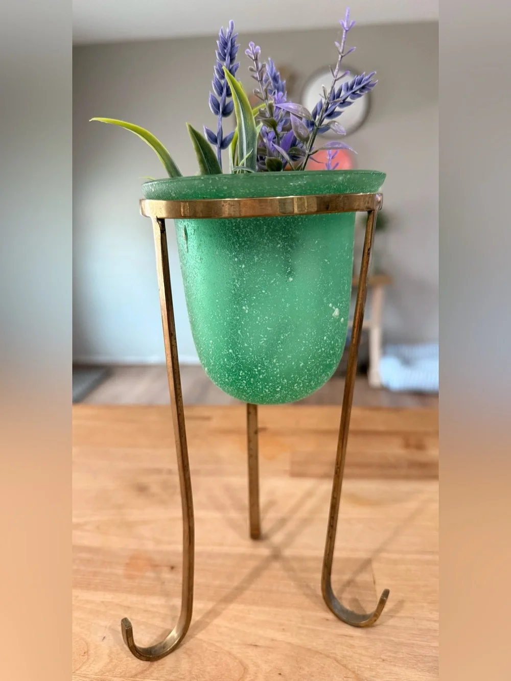 Green Frosted Glass Planter with Gold Metal Stand *faux lavender included